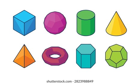 Vibrant assortment of geometric shapes including cube, sphere, cylinder, cone, and polyhedron for creative projects.