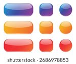 A vibrant assortment of glossy, three-dimensional buttons, featuring rounded rectangles and perfect circles in striking blue, warm orange, and bold red shades.