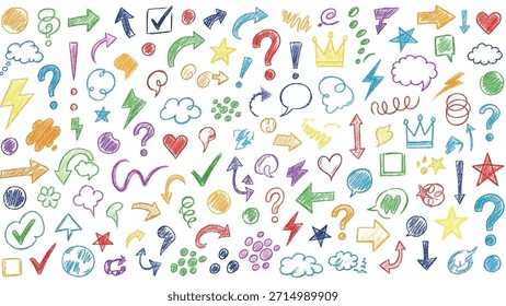 Eine lebhafte Auswahl an handgezeichneten Doodle-Symbolen, darunter Pfeile, Fragezeichen, Markierungen, Herzen, Sterne, Wolken und Sprechblasen in verschiedenen Farben.