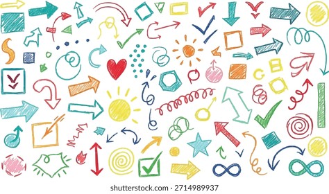 Una vibrante variedad de flechas de doodle dibujadas a mano, marcas de verificación, corazones, soles y otros símbolos en varios colores, creando un patrón divertido y enérgico.