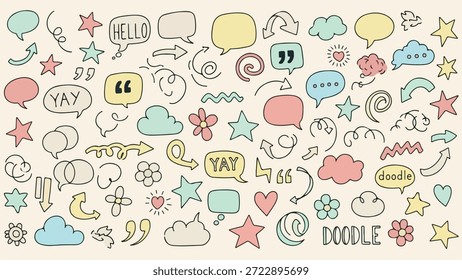 Un vibrante surtido de Elementos de doodle dibujados a mano con varias burbujas de discurso, flechas, estrellas, nubes y remolinos decorativos, perfectos para proyectos creativos.