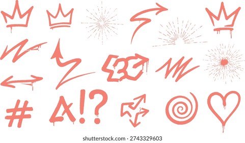 A vibrant assortment of hand drawn graffiti style elements including crowns, arrows, hearts, and abstract shapes, perfect for urban art and design projects.