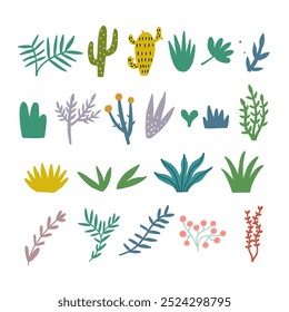 A vibrant assortment of hand-drawn botanical illustrations featuring diverse plants and leaves. Perfect for natural design elements and creative projects