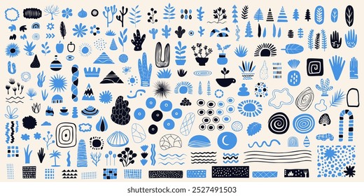 
Uma variedade vibrante de desenhos circulares, florais e abstratos desenhados à mão com várias formas e padrões, criando uma exibição visualmente envolvente, coleção vetorial de ilustrações vintage retrô