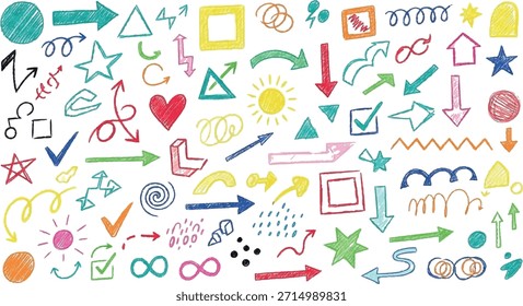 Uma variedade vibrante de elementos de rabiscos desenhados à mão, incluindo setas, corações, estrelas, marcas de verificação e formas abstratas em várias cores.