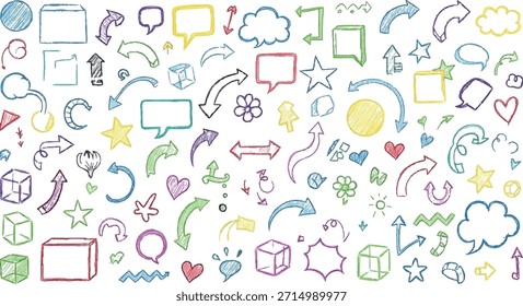 Eine lebhafte Auswahl an handgezeichneten Doodle-Elementen, darunter Pfeile, Sprechblasen, Formen und Symbole in verschiedenen Farben.