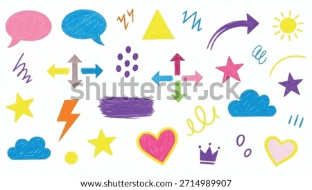 A vibrant assortment of hand-drawn doodle elements including speech bubbles, arrows, stars, clouds, hearts, and other abstract shapes, perfect for adding a playful and artistic touch to any design.