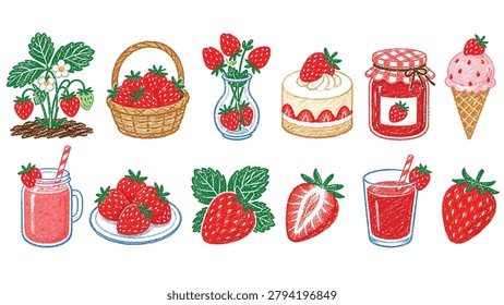 A vibrant assortment of hand-drawn strawberry-themed items including whole fruits, jam, cake, ice cream, and drinks