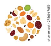 A vibrant assortment of healthy nuts, dried fruits, and seeds, including cashews, almonds, and raisins, artfully arranged in a circular pattern on a clean white background, perfect for a snack mix.