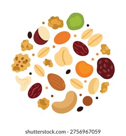 A vibrant assortment of healthy nuts, dried fruits, and seeds, including cashews, almonds, and raisins, artfully arranged in a circular pattern on a clean white background, perfect for a snack mix.