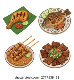 A vibrant assortment of Indonesian grilled and roasted proteins including ayam bakar drumstick, ikan bakar side, sate tusuk, and dendeng jerky.