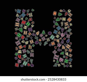 A vibrant assortment of multicolored H letters in different fonts and styles arranged dynamically on Large H font isolated on black