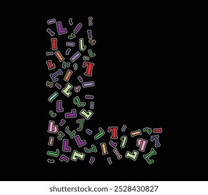 A vibrant assortment of multicolored L letters in different fonts and styles arranged dynamically on Large L font isolated on black