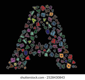 A vibrant assortment of multicolored A letters in different fonts and styles arranged dynamically on Large A font isolated on black