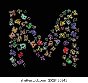 A vibrant assortment of multicolored M letters in different fonts and styles arranged dynamically on Large M font isolated on black