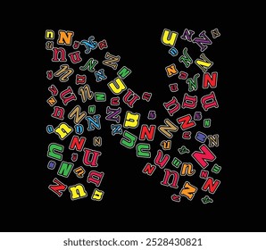 A vibrant assortment of multicolored N letters in different fonts and styles arranged dynamically on Large N font isolated on black