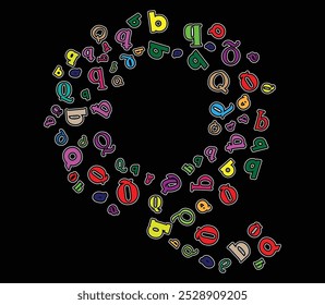 A vibrant assortment of multicolored Q letters in different fonts and styles arranged dynamically on Large Q font isolated on black