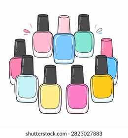 A vibrant assortment of nail polish bottles in various colors, perfect for beauty, manicure, and cosmetic themes.