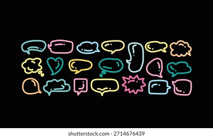 Una vibrante variedad de burbujas de habla de color neón en diferentes Formas y tamaños, dispuestas sobre un fondo oscuro, creando una composición visualmente llamativa