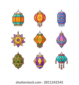 A vibrant assortment of nine distinct lanterns, each featuring unique geometric patterns and bright color palettes, presented against a clean white background.