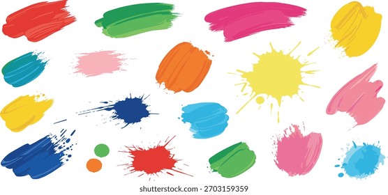 Una vibrante variedad de salpicaduras de pintura y marcas de pincel en varios colores, incluidos rojo, verde, azul, amarillo, naranja y rosa, dispersos por una superficie blanca limpia.