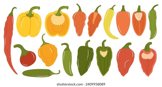 La Colección De Clases Muestra Una Variedad De Colores, Formas Y Niveles De Calor. De Leve A Feroz. Paprika dulce rojo, amarillo y morrón. Ilustración del vector de dibujos animados