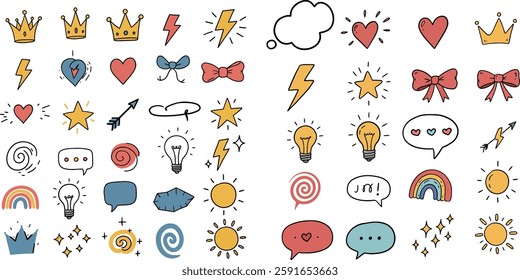 A vibrant assortment of playful vector icons including crowns, lightning bolts, hearts, and speech bubbles, radiating a cheerful and whimsical atmosphere.