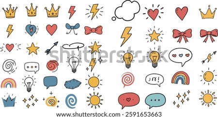 A vibrant assortment of playful vector icons including crowns, lightning bolts, hearts, and speech bubbles, radiating a cheerful and whimsical atmosphere.