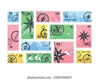 A vibrant assortment of postage stamps displays various compass designs and mountain illustrations. Each stamp features a different color and distinct value, celebrating travel and exploration.