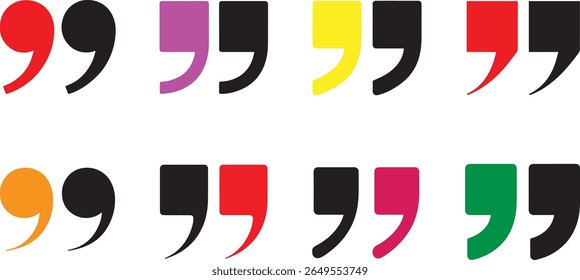 A vibrant assortment of quotation mark pairs in various colors, including red, purple, yellow, orange, pink, and green, all isolated on a transparent background.
