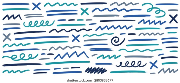 A vibrant assortment of simple, hand-drawn lines, squiggles, zigzags, and crosses in various shades of blue and teal on a white background