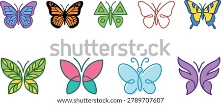 A vibrant assortment of simplified butterfly icons each with unique geometric and linear interpretations. Ideal for logos invitations and digital art.