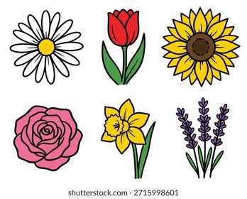 Uma variedade vibrante de seis flores diferentes, cada uma retratada com contornos claros e cores brilhantes, perfeita para temas de primavera e jardim.