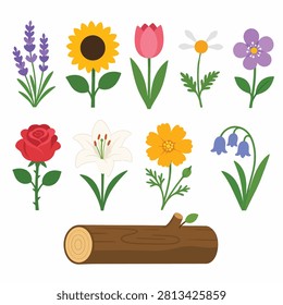 A vibrant assortment of spring flowers growing in a rustic wooden planter box outdoors