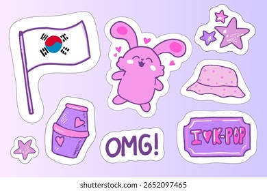 A vibrant assortment of stickers showcases K-pop excitement with a pink bunny, Korean flag, and other playful designs. Perfect for expressing love for Korea and music.