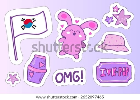 A vibrant assortment of stickers showcases K-pop excitement with a pink bunny, Korean flag, and other playful designs. Perfect for expressing love for Korea and music.