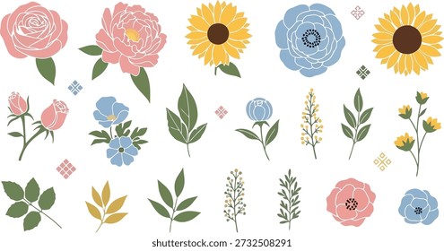 A vibrant assortment of stylized flowers, branches, leaves, and geometric accents in a palette of soft blues, pinks, and yellows.