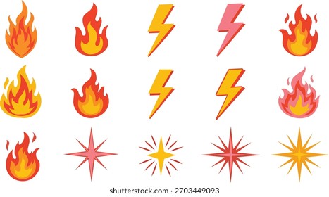 Un vibrante surtido de iconos estilizados con llamas, rayos y estallidos de estrellas, perfecto para agregar un elemento visual dinámico a cualquier proyecto de diseño.