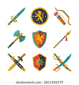 A vibrant assortment of stylized medieval weapons including swords, axes, and spears, alongside ornate shields featuring heraldic symbols.