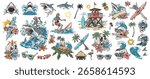 A vibrant assortment of surf and beach-themed illustrations features sharks surfers palm trees and tropical elements. This creative design is perfect for summer vibes and ocean lovers.