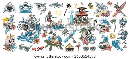 A vibrant assortment of surf and beach-themed illustrations features sharks surfers palm trees and tropical elements. This creative design is perfect for summer vibes and ocean lovers.