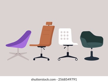 Vibrant assortment of unique office chairs in various colors and designs, perfect for adding character to any workspace while ensuring comfort and functionality for users