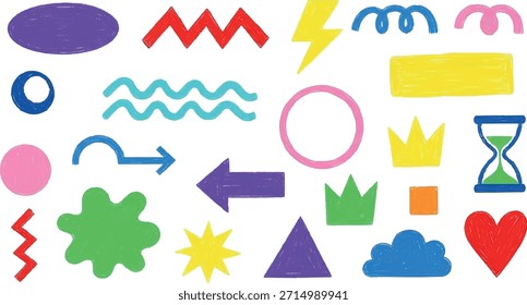 Uma variedade vibrante de várias formas abstratas, linhas e símbolos em diferentes cores, incluindo formas geométricas, ondas, setas e coroas, apresentadas em um fundo branco limpo.