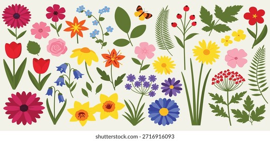  Uma variedade vibrante de várias flores florescentes e folhagem verde, ideal para projetos da primavera, temas de jardim e elementos decorativos em projetos de inspiração botânica