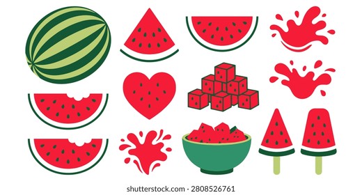A vibrant assortment of watermelon slices, cubes, juice splashes, and popsicles.