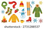 A vibrant assortment of winter essentials including a green parka, knitted sweater, striped socks, mittens, scarf, and a beanie, alongside a snowman, ice skates, and a hot beverage.