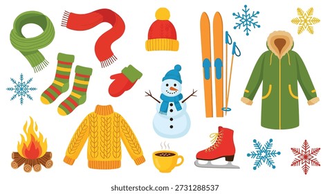A vibrant assortment of winter essentials including a green parka, knitted sweater, striped socks, mittens, scarf, and a beanie, alongside a snowman, ice skates, and a hot beverage.