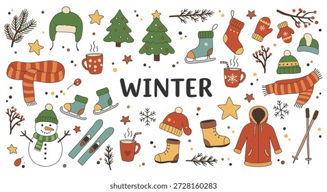Eine lebhafte Auswahl an winterlichen Themen wie Schneemann, Weihnachtsbäume, warme Kleidung, heiße Getränke und festliche Dekorationen.