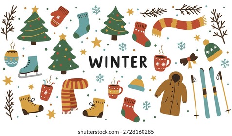 Uma variedade vibrante de itens com tema de inverno, incluindo árvores de Natal, roupas quentes, patins de gelo e bebidas quentes, perfeito para comemorações de férias.