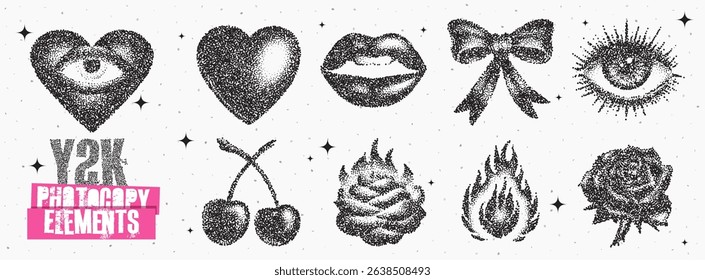 A vibrant assortment of Y2K themed graphic elements featuring hearts, lips, bows, cherries, and more, arranged creatively against a speckled backdrop, capturing nostalgia and fun.